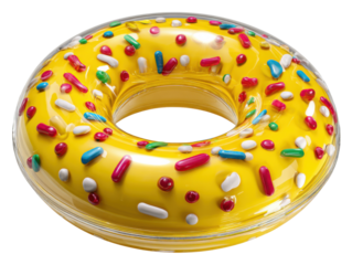 Donut Pool Float: A whimsical close-up showcases a vibrant, yellow donut-shaped pool float adorned with colorful sprinkles, ready to enhance the fun and leisure of a summer day. 