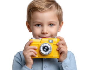 Child's Camera: A young, cheerful child gazes directly at the viewer, holding a vibrant yellow camera with endearing enthusiasm, ready to capture the world's wonders through his lens.