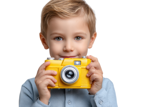 Child's Camera: A young, cheerful child gazes directly at the viewer, holding a vibrant yellow camera with endearing enthusiasm, ready to capture the world's wonders through his lens. - Powered by Adobe