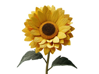 Obraz premium Vibrant Sunflower with Textured Petals and Lush Green Leaves Against a Solid Background