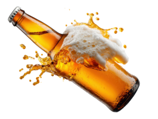 Bubbling Beer: A frosted beer bottle captures the dynamic moment of a spill with liquid and foam, showcasing a refreshing taste and crisp sensation.
