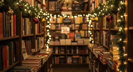 Festive Bookstore Aisle with Christmas Lights and Holiday Ornaments