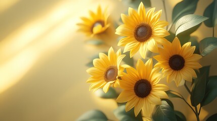 Obraz premium Sunflowers in soft light, close up, on pastel background. Use Stock photo for nature, spring, summer, or floral design