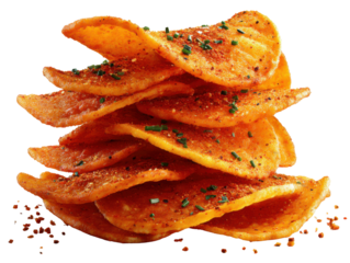 Spicy Potato Chips: A close-up studio shot of a stack of crispy, golden-brown potato chips, seasoned with vibrant red spices and herbs.