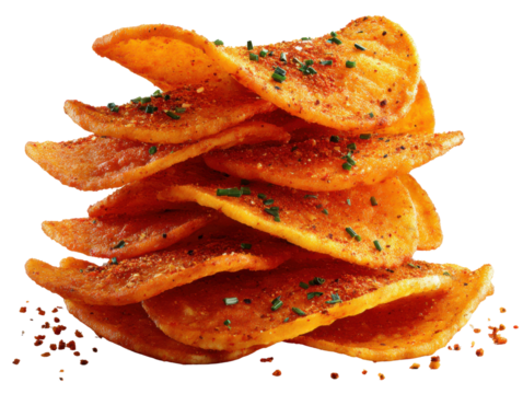 Spicy Potato Chips: A close-up studio shot of a stack of crispy, golden-brown potato chips, seasoned with vibrant red spices and herbs.