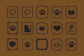 Collection of hand drawn doodle icons featuring cats paw prints and hearts on a brown background