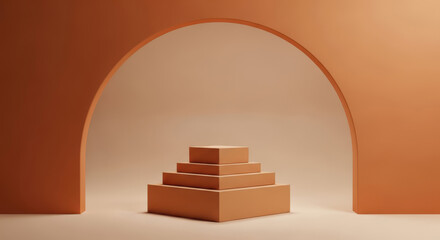Minimalist archway with terracotta steps displaying modern geometric product showcase stage