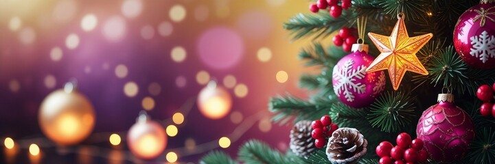 Obraz premium Decorated Christmas Tree with Star, Ornaments, and Festive Lights on Colorful Holiday Background AI-Generated