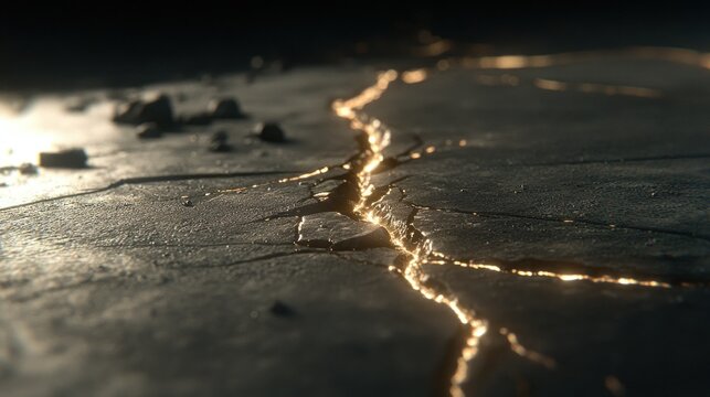 Dramatic close-up of cracked ground with glowing golden light shining through the fissures