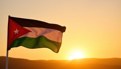 Jordanian flag waving proudly against the backdrop of an orange sunset