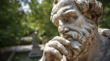 Weathered marble statue of an old bearded thinker, contemplating life. Wallpaper featuring a Greek philosopher carved in white stone with a blurred background of a park's natural scenery with trees