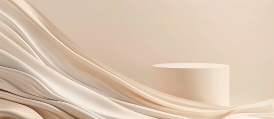 Minimal abstract background for product presentation, beige fabric with round podium and wave elements, aesthetic template in the style of cosmetic advertising
