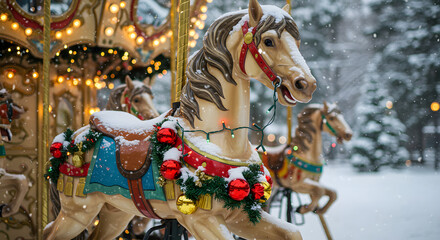 Festive Carrousel Horse Decorated with Christmas Ornaments in Snowy Winter Wonderland