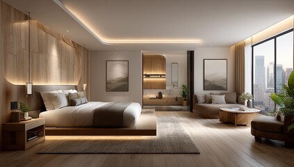 Modern, spacious bedroom with city view