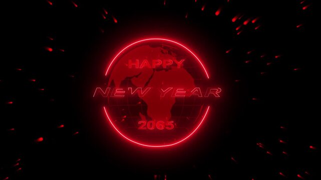 4k video 2065 concept of new year beginning, happy celebration, festival, new life, growth of business investment, finance, innovation. Glowing neon line word of Happy New Year 2065 on virtual screen.