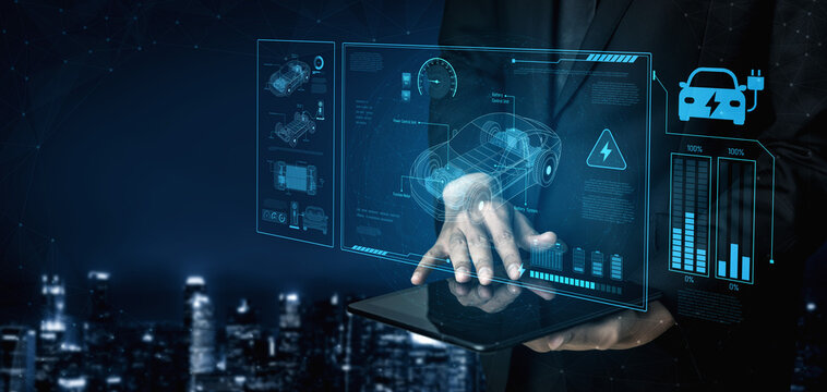 Technical layout of electric vehicle showing battery system, power control, traction motor, charging interface, and integration with renewable and smart energy sources Vouch