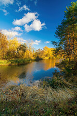 Beautiful autumn landscape reflecting on the calm water surface of a river surrounded by colorful trees and blue sky with white clouds during a sunny day