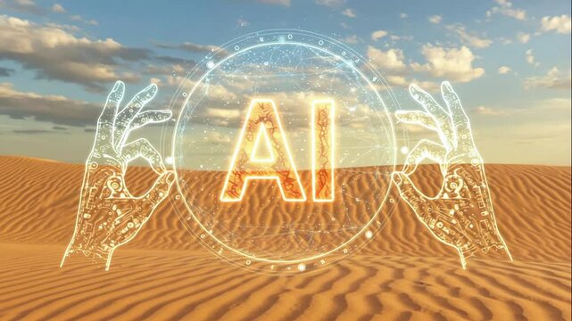 Golden holographic AI logo with glowing hands approaching in the desert under a blue sky with white clouds. Futuristic concept of artificial intelligence and technology