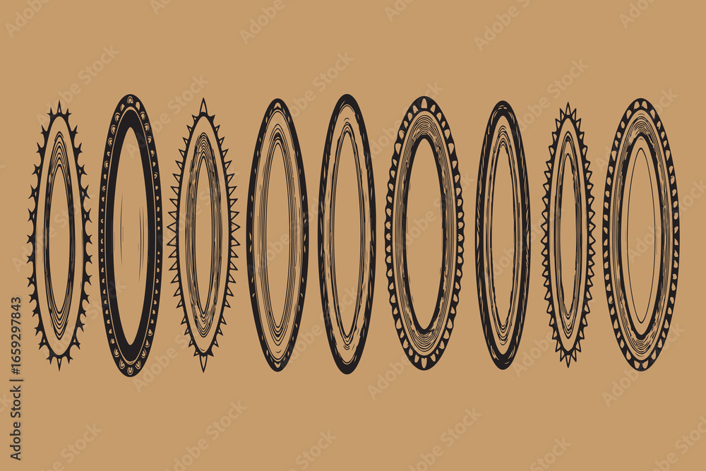Poster collection of ornate oval frames with intricate patterns on a tan background