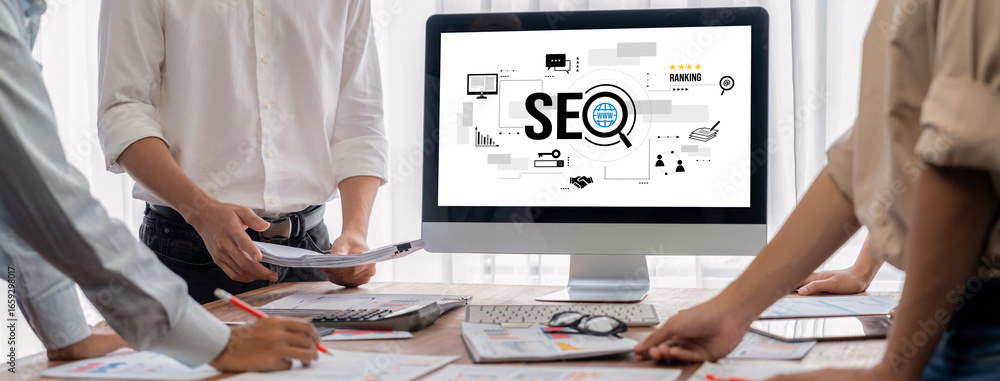 Poster seo search engine optimization for brisk e-commerce and online retail business showing on computer s
