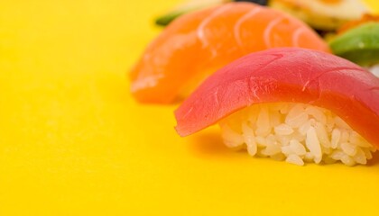 Close-up of sushi pieces on a yellow surface
