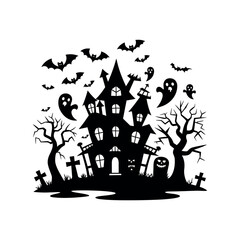 Haunted House with Ghosts, Bats, Graveyard and Spooky Trees Halloween Silhouette