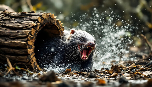 Greater grison in motion: dynamic scene of surprise attack in forest habitat.