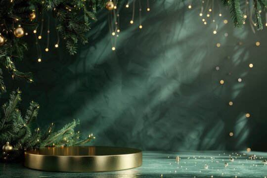 Minimalistic podium for product presentation with a green background and Christmas tree decorations. A luxury golden round pedestal display with pine branches - Powered by Adobe