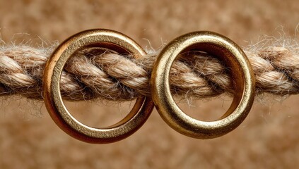 Two gold wedding rings on a braided rope