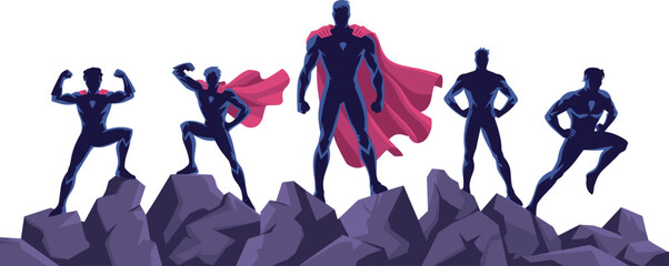 Illustration of a team of superheroes standing on a rocky terrain, exuding strength and determination, ready to save the day, with one in the front wearing a cape