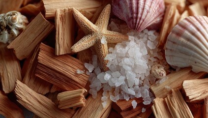 Seashells, starfish, and salt on wood chips