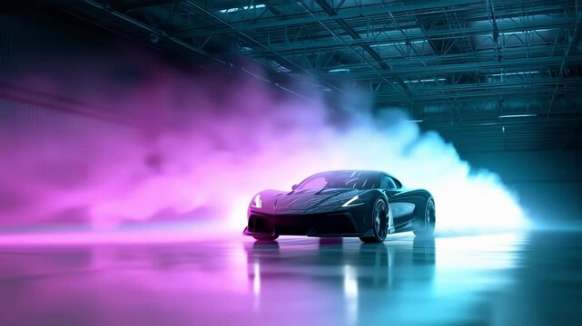 Experience the thrill of a sleek hypercar in a captivating industrial space, illuminated by vivid lights and enveloped in colorful smoke late at night, creating an exciting atmosphere.