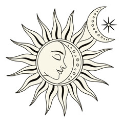 Sun, hand drawn design elements Stylized black and white sun symbol with concentric circles and radiating spokes Sun Design, Simple, Outline Sun icon in boho style. Sun logo character design.