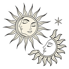 Sun, hand drawn design elements Stylized black and white sun symbol with concentric circles and radiating spokes Sun Design, Simple, Outline Sun icon in boho style. Sun logo character design.