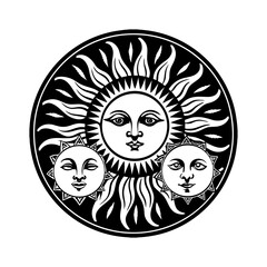 Sun, hand drawn design elements Stylized black and white sun symbol with concentric circles and radiating spokes Sun Design, Simple, Outline Sun icon in boho style. Sun logo character design.