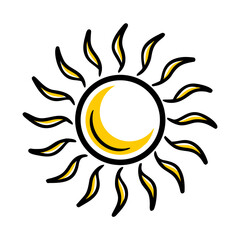 Sun, hand drawn design elements Stylized black and white sun symbol with concentric circles and radiating spokes Sun Design, Simple, Outline Sun icon in boho style. Sun logo character design.