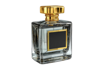 Luxury perfume bottle, clear glass, gold cap