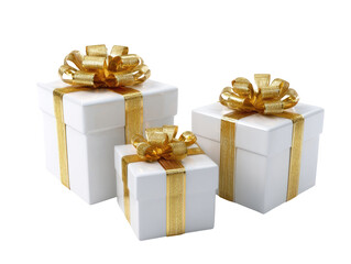 Three white gift boxes, progressively sized, tied with gold ribbons and bows, against a plain background