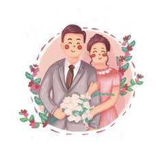 Cute bride and groom illustration in wedding day holding flowers with pink background