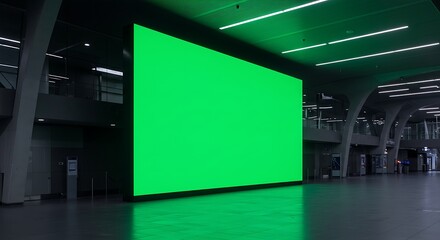 Large green screen digital display in a modern, minimalist interior. Blank monitor for customizable content, advertising, or information in a contemporary architectural space.