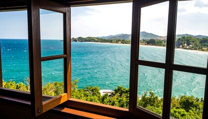 Ocean view from a wooden window