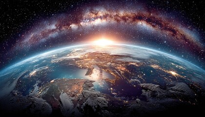 Obraz premium Earthrise over Europe at dawn, Milky Way above