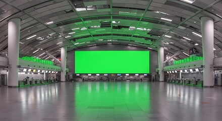 Green Screen Display at Airport Check-In A Modern Travel Scene