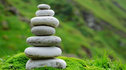 Obraz premium Serene scene of balanced white stones piled in a lush green mountain valley landscape