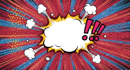 Vivid explosion with radial lines and a central cloud shape for text, accompanied by exclamation marks and star details, a comic style