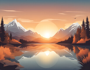 Beautiful landscape vector illustration. Warm sunrise over mountains, lake and forest. The concept of travel, hiking, outdoor activities and adventure. Landscape background