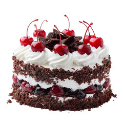 Delicious black forest cake with cherries on transparent background
