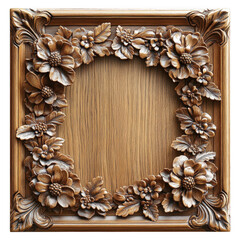 Fototapeta premium Ornate antique gilded wooden picture frame with intricate floral carvings and a textured wood panel center isolated on transparent background