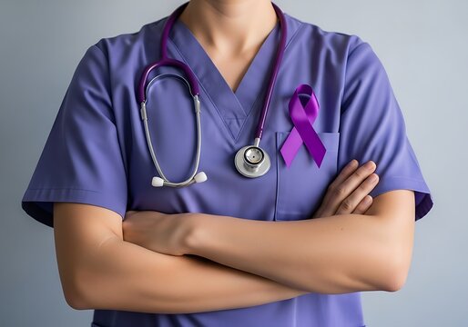 World heart day a nurse wearing purple scrubs and a stethoscope with a purple awareness ribbon pinned to her chest, symbolizing support for a cause