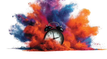 Vibrant colorful powder explosion surrounds a classic alarm clock